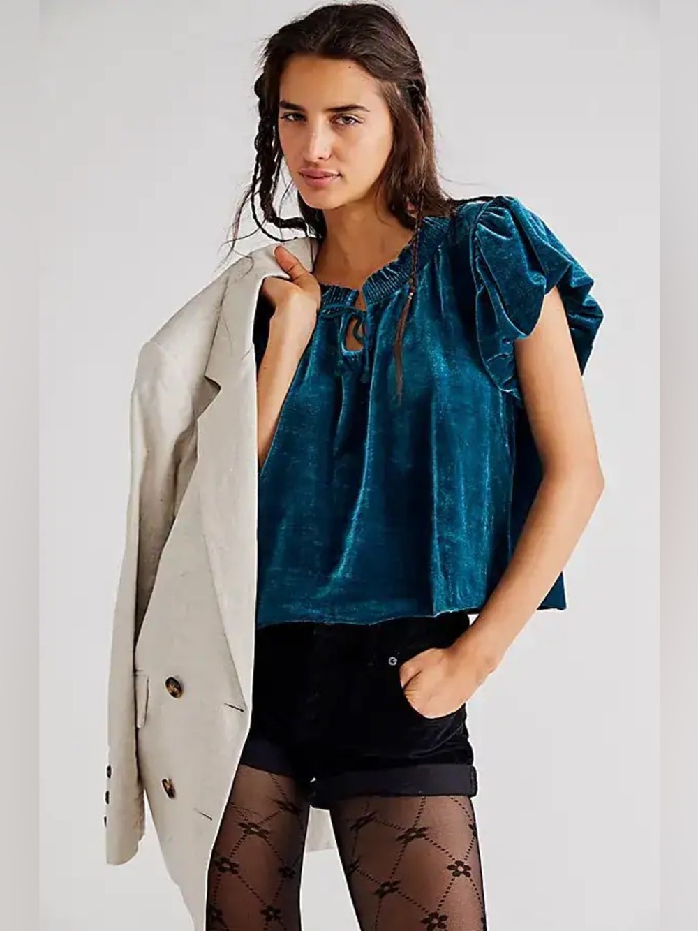 NWT Free People Terese Velvet Top Turquoise Pleated Smocked Boho Drapey V Neck